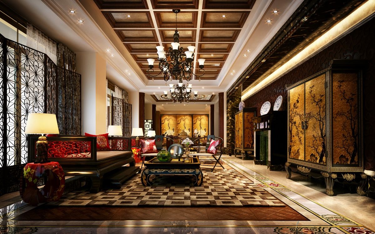 点击大图看下一张：中式风格华丽褐色客厅吊顶装潢案例