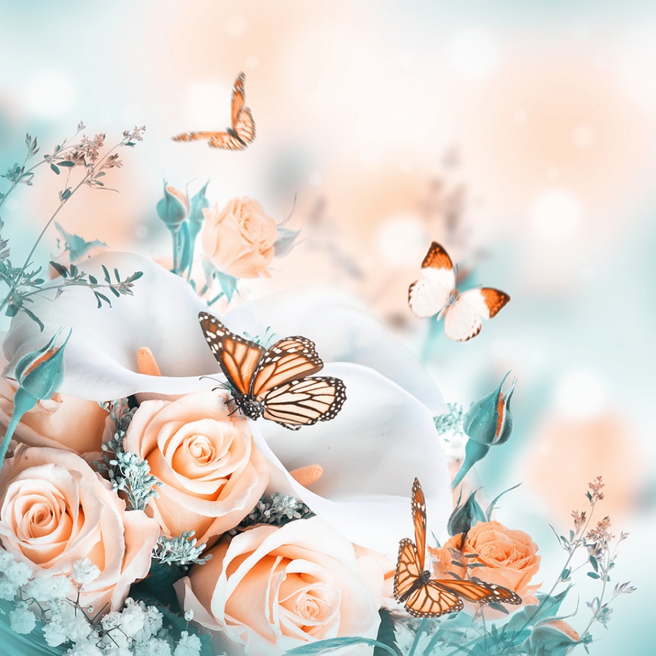 点击大图看下一张：唯美浪漫的春天蝴蝶水彩花卉壁纸