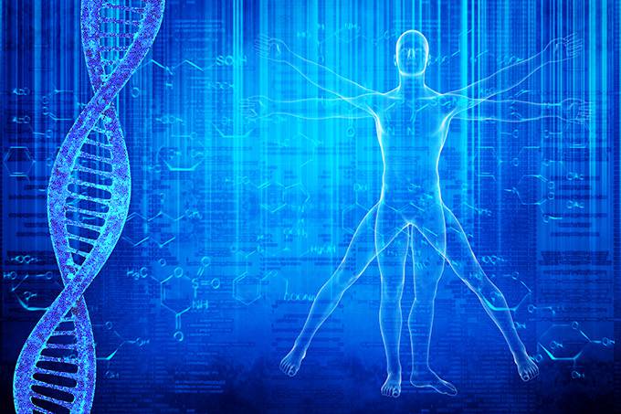 点击大图看下一张：ppt背景图片简约人体平面图与DNA医疗科技