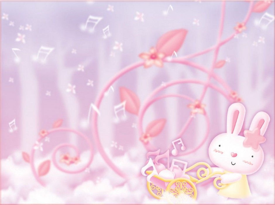 点击大图看下一张：淡雅粉色音乐小兔可爱背景图片