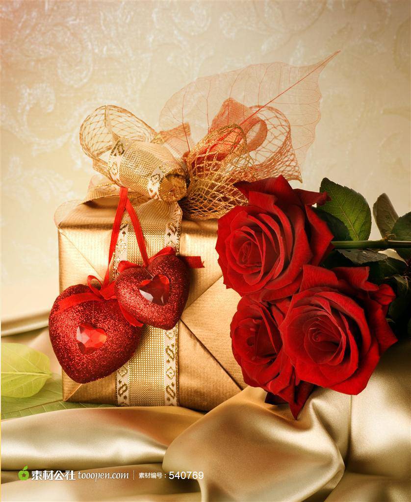 点击大图看下一张：浪漫艳红玫瑰与金色礼盒图片