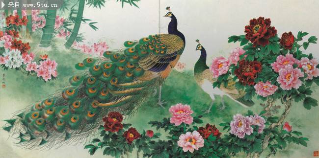 点击大图看下一张：国画美丽的孔雀与牡丹花图片