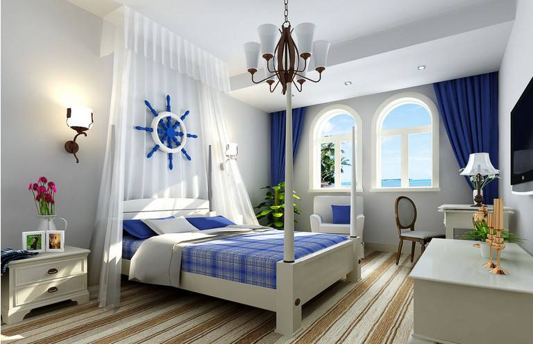 点击大图看下一张：清新唯美的复式地中海卧室装修效果图大全