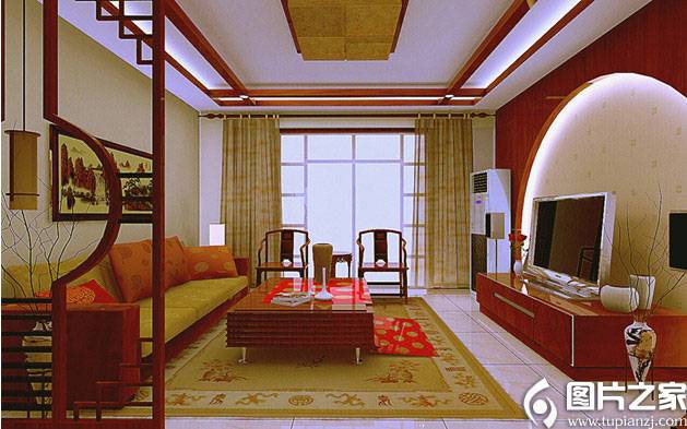 点击大图看下一张：复式套房客厅古典中式装修效果图