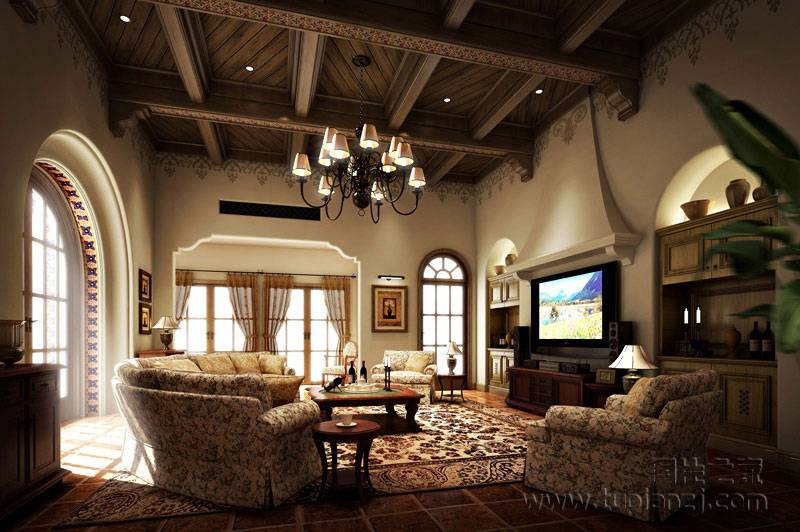 点击大图看下一张：客厅吊顶地中海风格装修设计