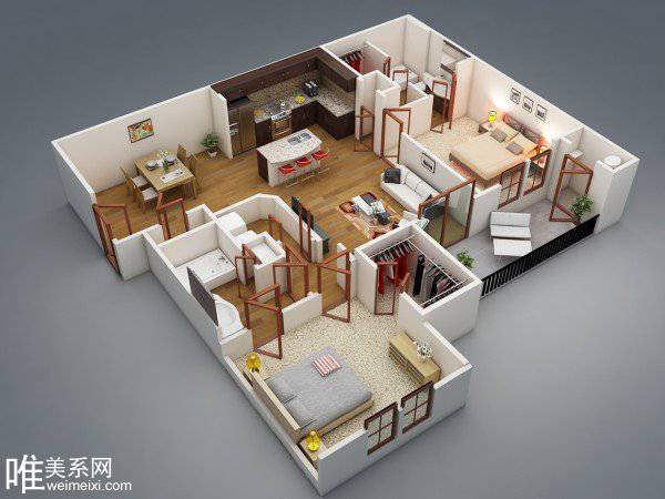 点击大图看下一张：二居室3D平面设计效果图展览