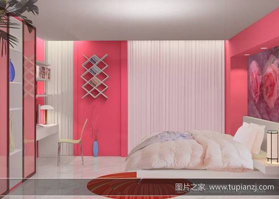 点击大图看下一张：小户型简约小清新粉色系女生卧室装修图