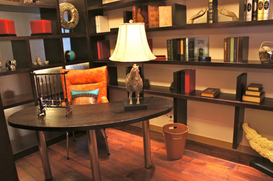 点击大图看下一张：新中式书房组装博古架装修效果图