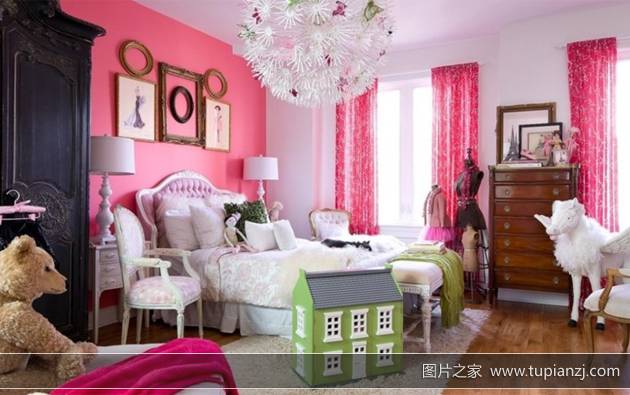 点击大图看下一张：小户型简约小清新粉色系女生卧室装修图