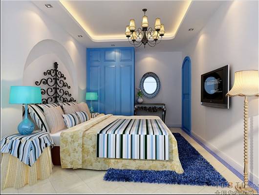 点击大图看下一张：小户型卧室地中海蓝白风格装修图片