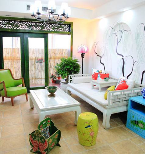 点击大图看下一张：现代中式田园客厅清新风格装修效果图欣赏