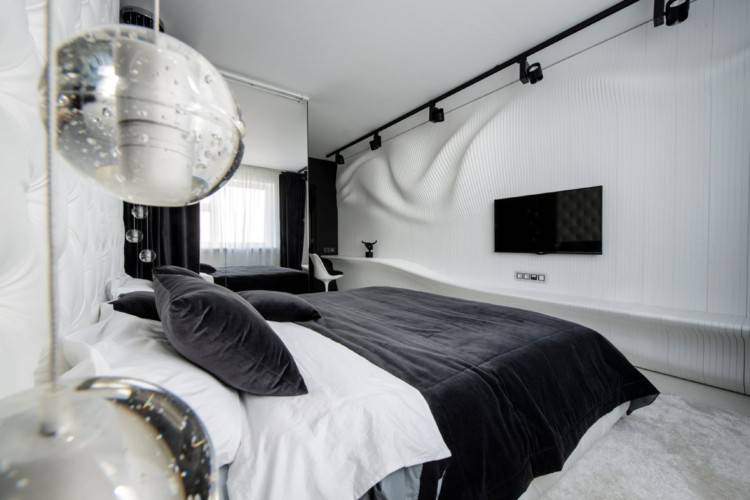 点击大图看下一张：黑白创意波浪个性卧室精美效果图
