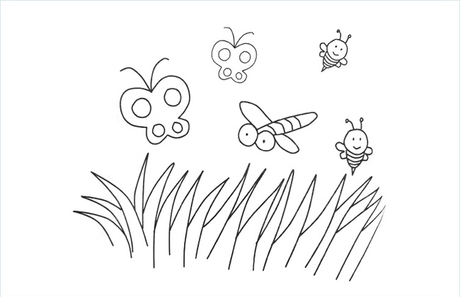 草地好多蝴蝶密封蜻蜓的简笔画图片