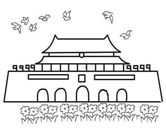 幼儿园国庆节简笔画图片：鲜花簇拥的天安门