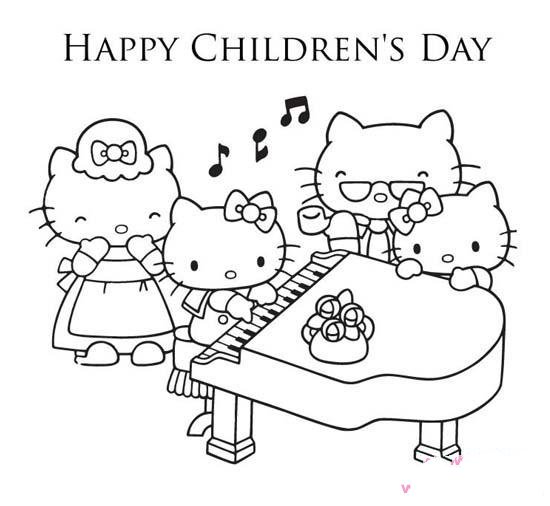 卡通六一儿童节简笔画图片：Hello Kitty猫的六一节
