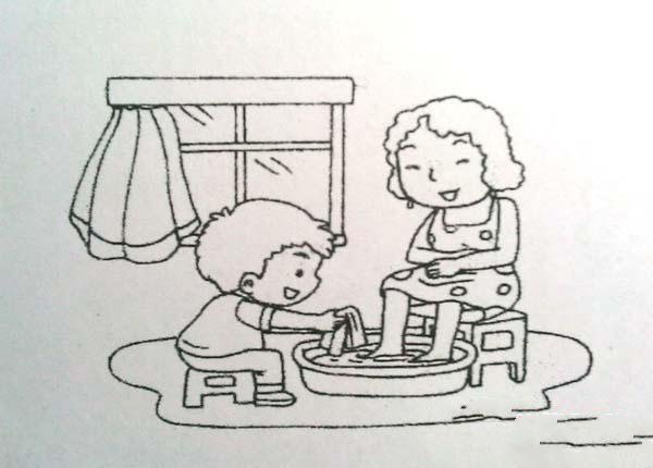 小学生三八妇女节主题简笔画图片：我帮妈妈洗脚