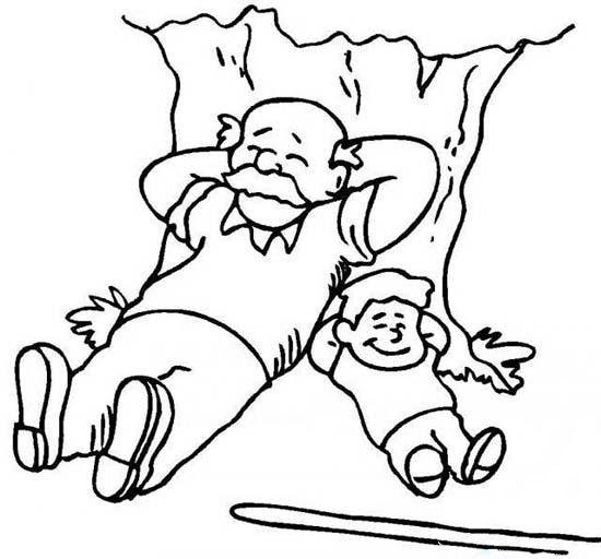 儿童劳动节简笔画图片：劳动后休息的爷孙俩