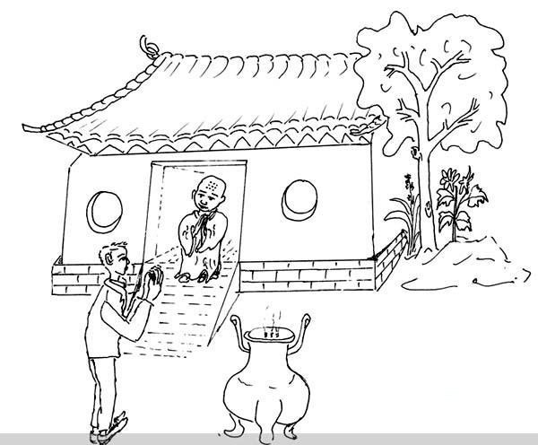 清明节情景简笔画图片：寺庙进香