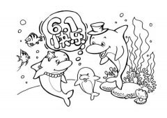 少儿六一快乐卡通简笔画图片：海豚们的六一节
