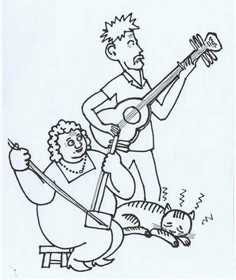 拉二胡与弹吉他的夫妻简笔画图片