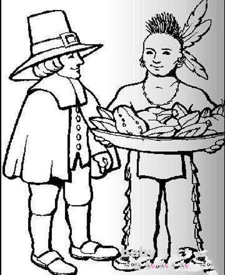 感恩节情景简笔画图片：欧洲殖民者和印第安人