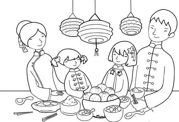 幼儿春节简笔画图片：吃年夜饭
