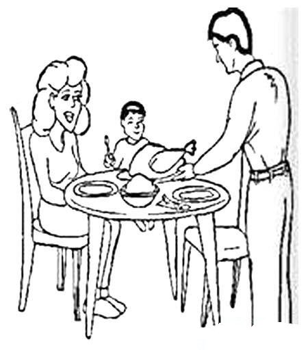 感恩节主题简笔画图片：一家人吃火鸡大餐