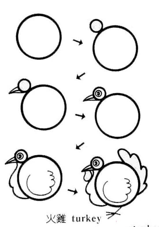 儿童关于火鸡的简笔画画法步骤：怎么画火鸡