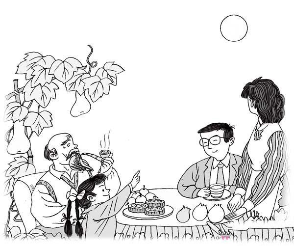 关于中秋节的简笔画图片：一家人团圆话中秋
