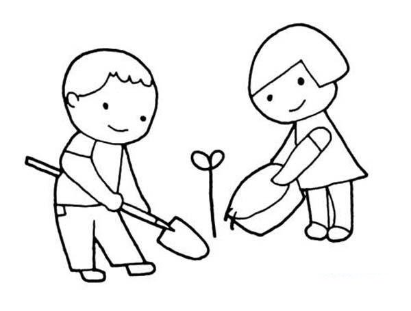 儿童植树节简笔画图片：浇水种树