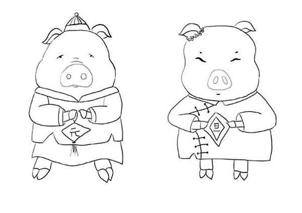 2019年猪年元旦简笔画图片：两只小猪庆元旦