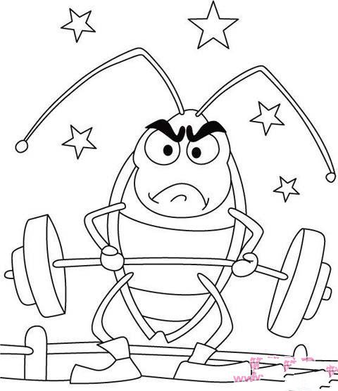 卡通蟑螂简笔画图片：举重的蟑螂