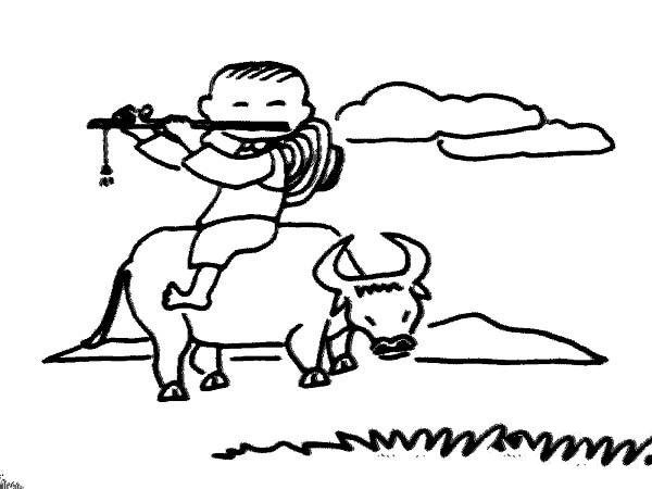 幼儿清明节简笔画图片：牛背上的牧童