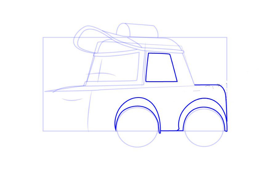 步骤五：画侧身车窗和包裹轮胎的地方