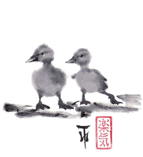 毛绒绒的小鸭子动物国画