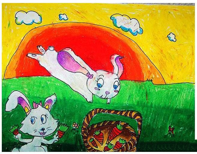 摘胡萝卜的小兔子一年级动物场景画作品分享