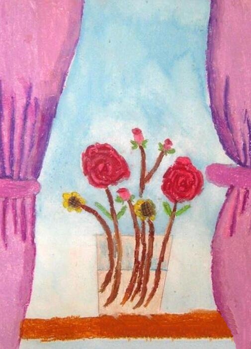 窗台上的玫瑰花简单的花绘画图片展示