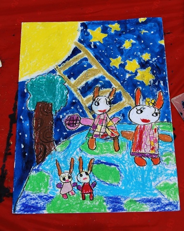 中秋节儿童画作品-兔子给月亮送月饼
