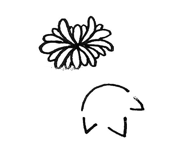 第六步：花朵下面，先画上一条弧线和三个尖角，注意不要连接起来。