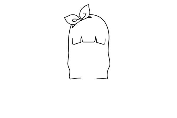 第一步:首先画出小女孩的发型和头上的蝴蝶结，额头被齐刘海盖住了，长长的头发都到腰间了。