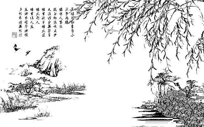 风吹飘扬的柳树的简笔画图片