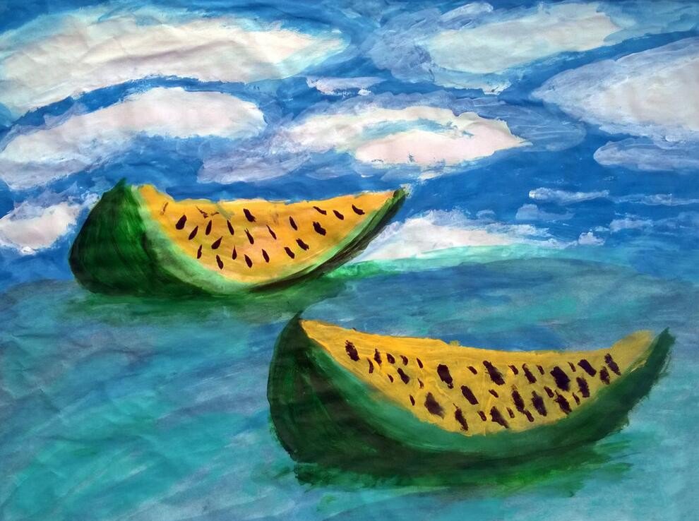 湖面上的西瓜船夏天水粉画图片欣赏