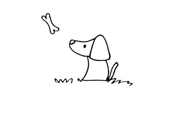 第四步：在小狗的正上方画上一根骨头，身体的下面画上草地。