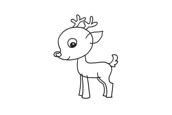3.画像树叶一样的耳朵，旁边是梅花鹿的两个犄角。椭圆形的眼睛，里面画上眼珠和反光部分，眼珠涂成黑色。