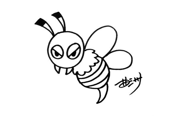 3.加上腹部、翅膀、蜂刺它的造型就完成了，蜂刺可以画大一点夸张一点。