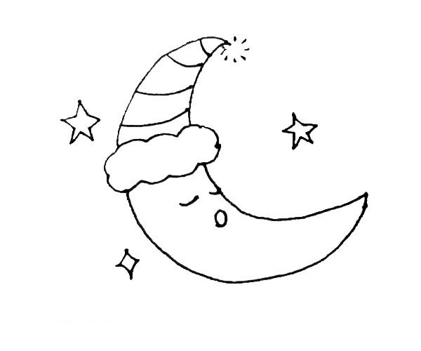 第五步：月亮周围画上一些的小星星，以及帽子上画上一些装饰。