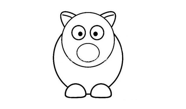 第四步  然后从大圆中间往上一点的部位开始画出小粉猪的圆圆的身体，再画出前面的两只猪脚。