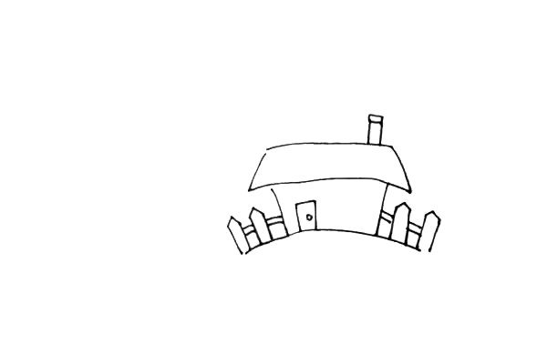 第二步：接着画上小房子上面的烟囱，再画上门和两边的篱笆。