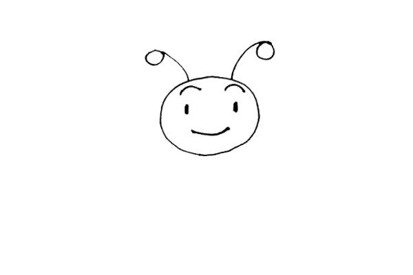 第三步：在小蜜蜂的头上，画出去两条触角，触角的末端加上小圆球。