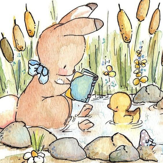 小兔子和小鸭子动物水彩画欣赏